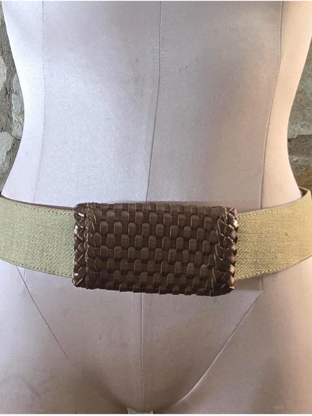 DE Veechi Hamilton Hodge Belt Made in Italy Leather Flax Woven Wide Waist Belt L